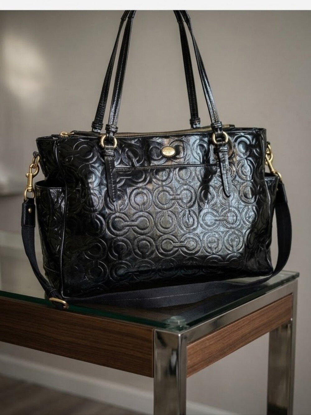 Coach Black Patent Signature Embossed Tote with Gold Accents